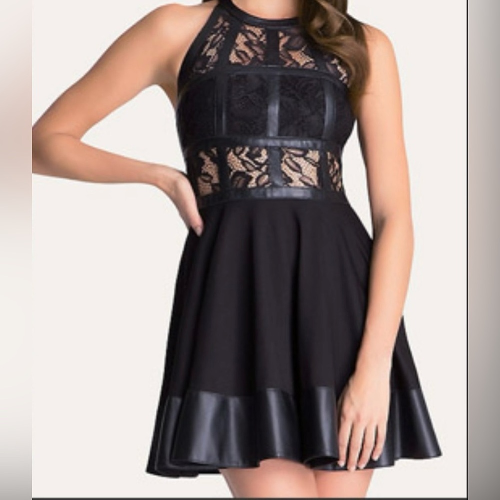 Bebe Black Lace & Leather Zip Up Dress